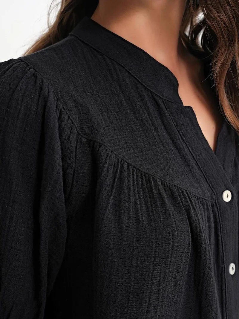 MixRay Black Mixray Linen Blend Short Sleeve Buttoned Shirt for Women | Best Price UAE