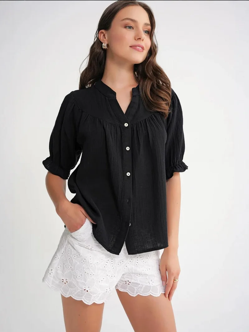 MixRay Black Mixray Linen Blend Short Sleeve Buttoned Shirt for Women | Best Price UAE