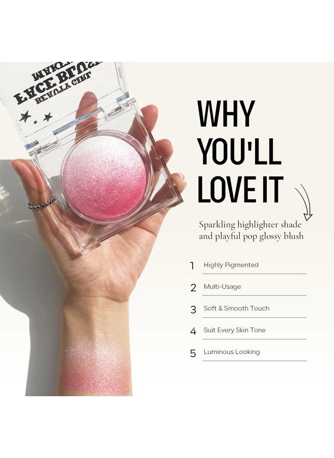 KYDA Pink Baked Blush, Pink Glow Powder for Blush and Highlighter, High Glossy Finish, Lightweight Blendable Shimmer Blusher, Multiuse Baked Powder, 0.53 oz  - Image 5
