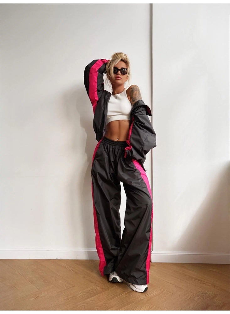 NIBEMINENT Retro Contrast Design 2 Piece Set Women Trendy Loose Zipper Jacket Elastic Waist Wide Leg Pants Casual Chic Tracksuit - Image 2