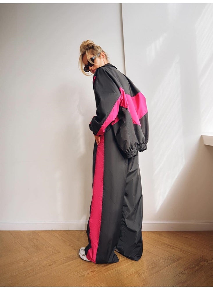 NIBEMINENT Retro Contrast Design 2 Piece Set Women Trendy Loose Zipper Jacket Elastic Waist Wide Leg Pants Casual Chic Tracksuit - Image 1