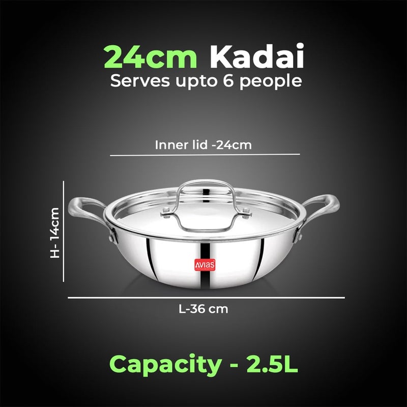 AVIAS Riara Triply Kadhai with Lid 5 Years Warranty Stainless Steel Kadai Cookware 3 Layer Induction Base Steel Casted Handles 25 Mm Thickness 25 Litre 24cm - Image 4