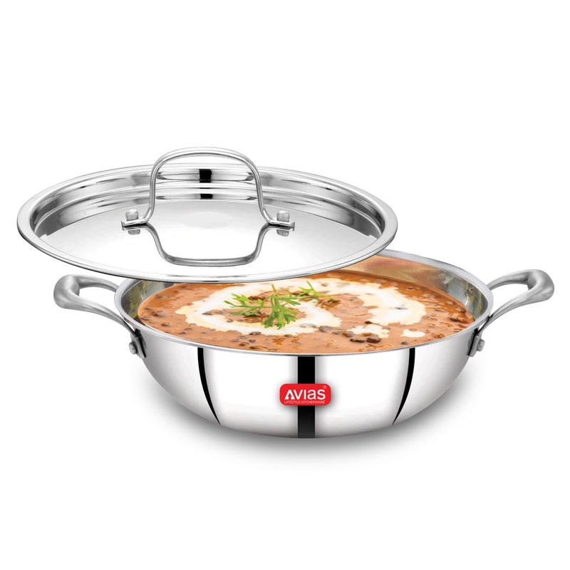 AVIAS Riara Triply Kadhai with Lid 5 Years Warranty Stainless Steel Kadai Cookware 3 Layer Induction Base Steel Casted Handles 25 Mm Thickness 25 Litre 24cm - Image 1