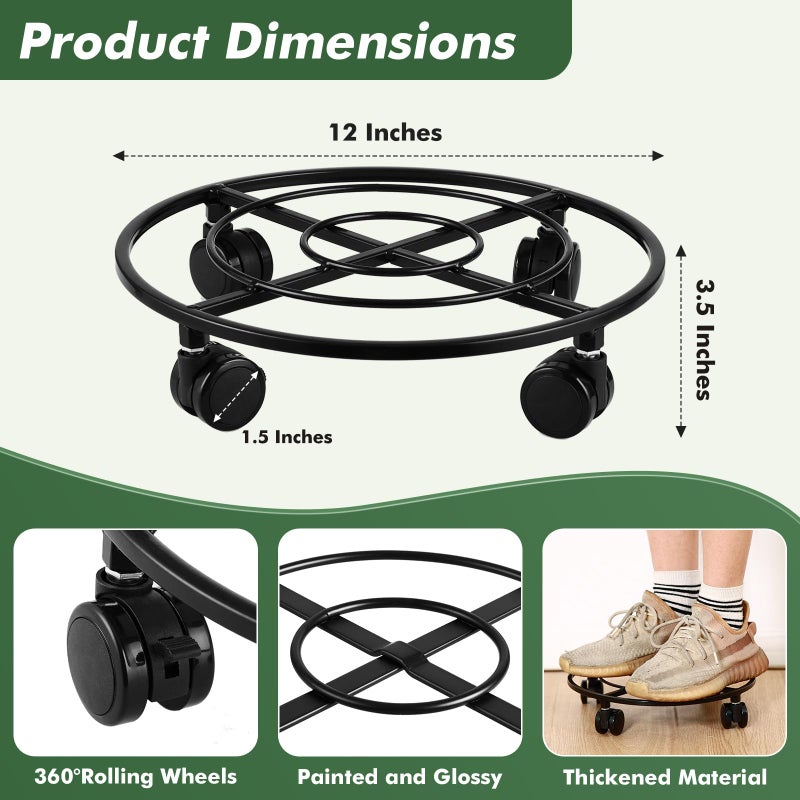 Planterhoma 3 Packs Large Metal Plant Caddy 12" Heavy-duty Plant Dolly with PU Wheels Wrought Iron Rolling Plant Stand with Casters Indoor Outdoor Plant Pot Movers Planter Rollers Coaster Trolley, Black - Image 3
