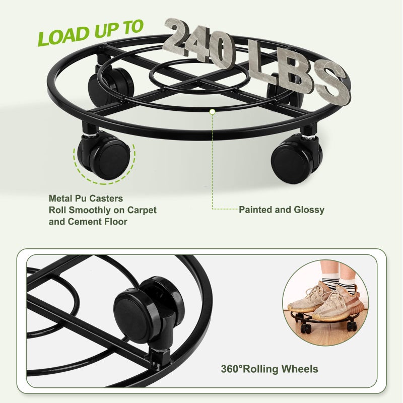Planterhoma 3 Packs Large Metal Plant Caddy 12" Heavy-duty Plant Dolly with PU Wheels Wrought Iron Rolling Plant Stand with Casters Indoor Outdoor Plant Pot Movers Planter Rollers Coaster Trolley, Black - Image 5