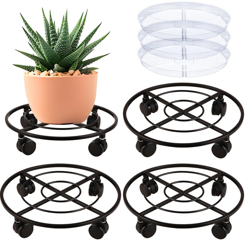 Planterhoma 3 Packs Large Metal Plant Caddy 12" Heavy-duty Plant Dolly with PU Wheels Wrought Iron Rolling Plant Stand with Casters Indoor Outdoor Plant Pot Movers Planter Rollers Coaster Trolley, Black - Image 1