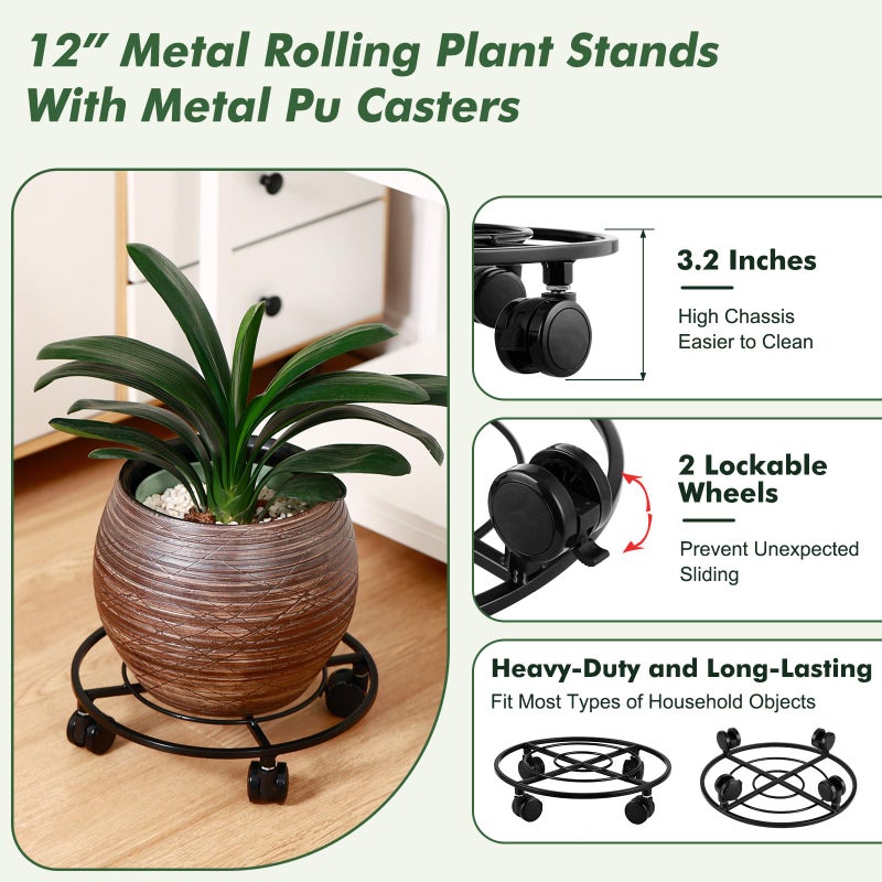 Planterhoma 3 Packs Large Metal Plant Caddy 12" Heavy-duty Plant Dolly with PU Wheels Wrought Iron Rolling Plant Stand with Casters Indoor Outdoor Plant Pot Movers Planter Rollers Coaster Trolley, Black - Image 2