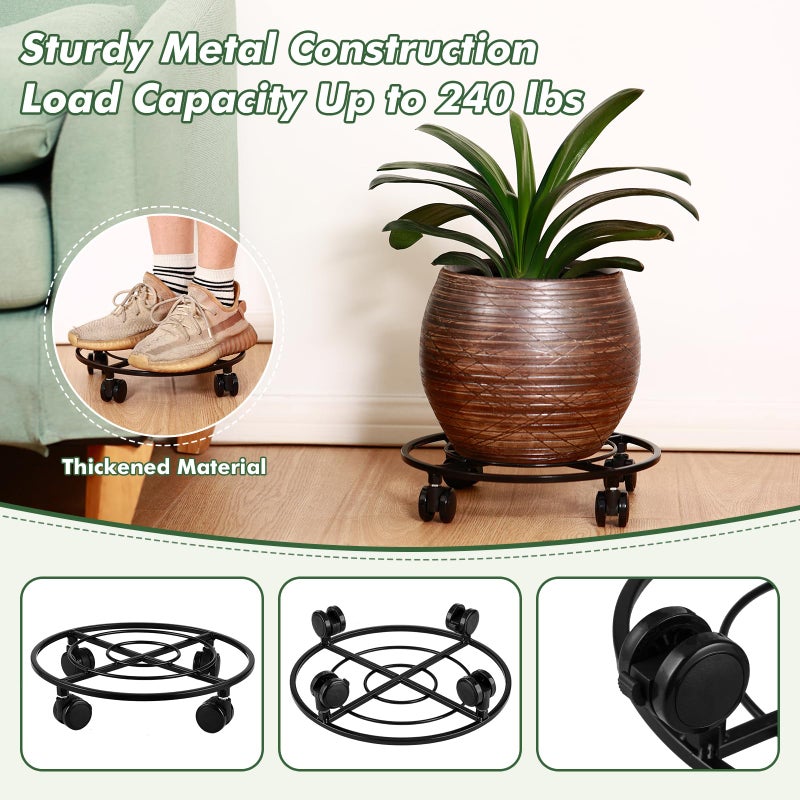 Planterhoma 3 Packs Large Metal Plant Caddy 12" Heavy-duty Plant Dolly with PU Wheels Wrought Iron Rolling Plant Stand with Casters Indoor Outdoor Plant Pot Movers Planter Rollers Coaster Trolley, Black - Image 4