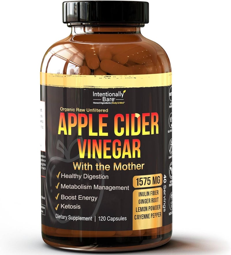 Intentionally Bare Apple Cider Vinegar with Mother Capsules  ACV Capsules with Ginger Lemon Cayenne and Inulin  Keto Friendly and Gluten Free for Energy Immunity and Gut Health  120 Capsules - Image 1