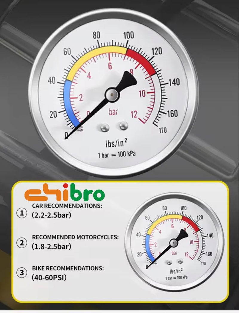 CHIBRO Triple Cylinder Foot Air Pump for Car, Bike & Motorcycle | Heavy Duty with Pressure Gauge | Foldable Portable Tyre Inflator with Air Hose & Anti-Slip Pedal | Fast Inflation Pump (Yellow) - Image 5