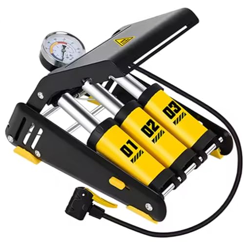 CHIBRO Triple Cylinder Foot Air Pump for Car, Bike & Motorcycle | Heavy Duty with Pressure Gauge | Foldable Portable Tyre Inflator with Air Hose & Anti-Slip Pedal | Fast Inflation Pump (Yellow) - Image 1