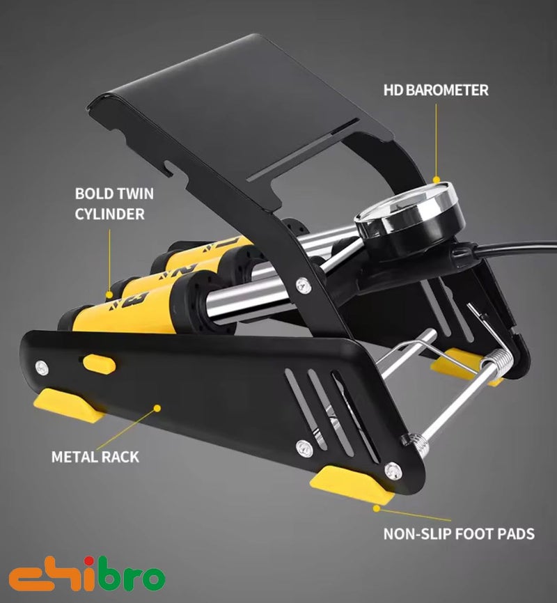 CHIBRO Triple Cylinder Foot Air Pump for Car, Bike & Motorcycle | Heavy Duty with Pressure Gauge | Foldable Portable Tyre Inflator with Air Hose & Anti-Slip Pedal | Fast Inflation Pump (Yellow) - Image 3