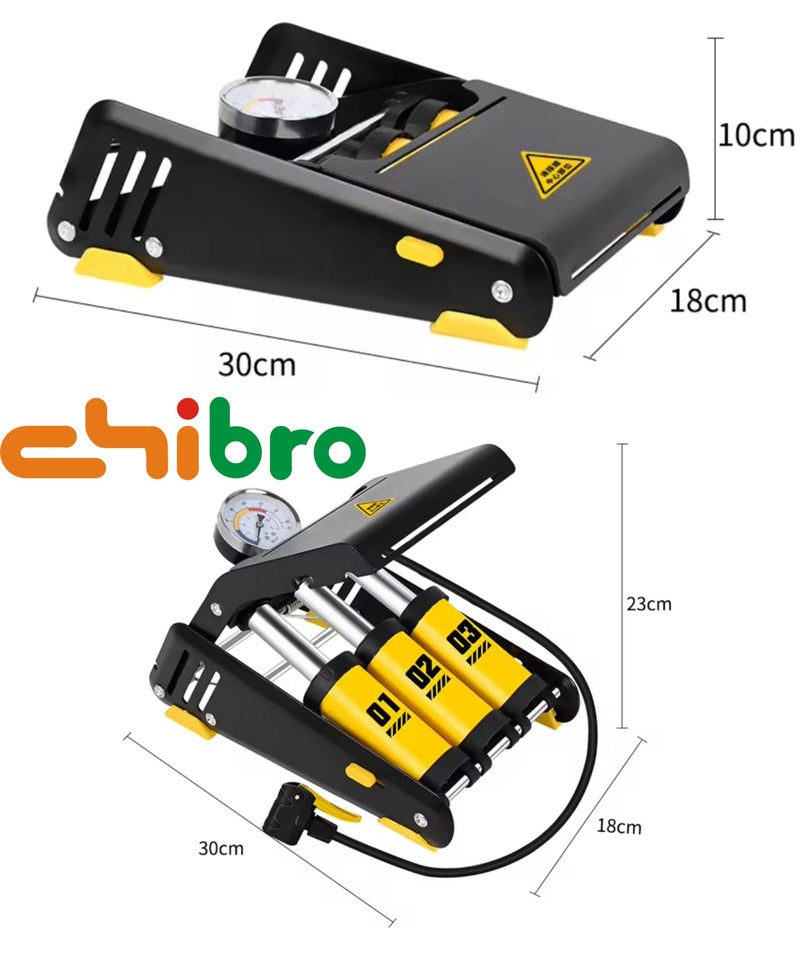 CHIBRO Triple Cylinder Foot Air Pump for Car, Bike & Motorcycle | Heavy Duty with Pressure Gauge | Foldable Portable Tyre Inflator with Air Hose & Anti-Slip Pedal | Fast Inflation Pump (Yellow) - Image 2