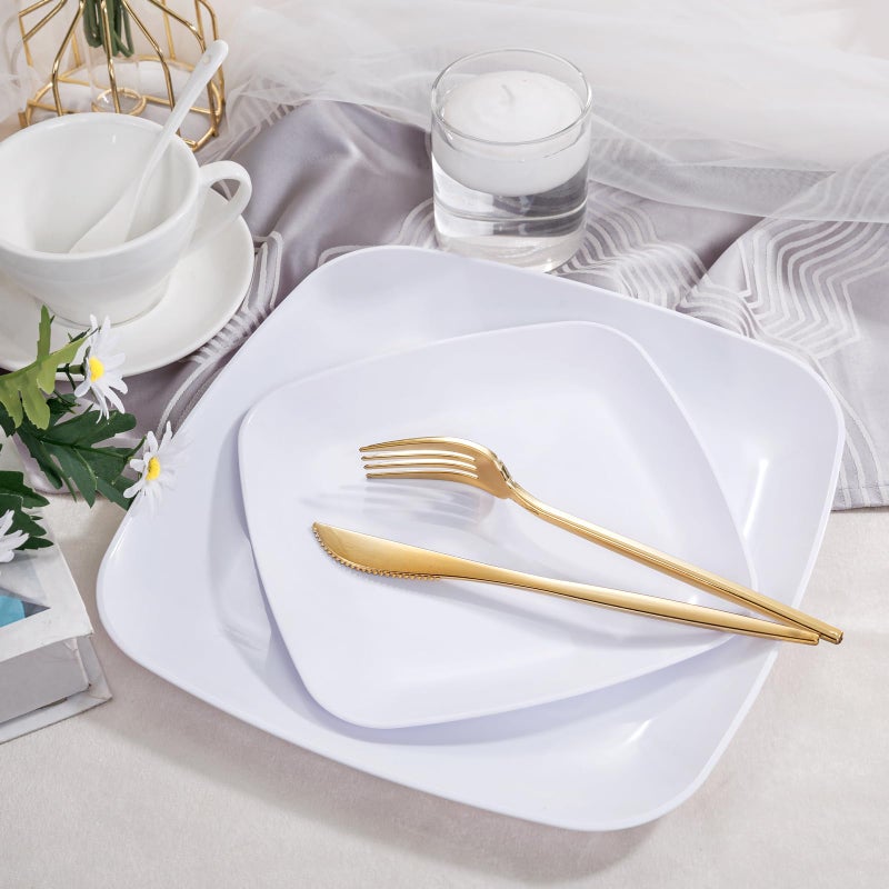 PULOTE 60PCS White Square Plastic Plates Disposable - Heavy Duty Party Plates Include 30 Dinner Plates 30 Dessert Plates for Parties&Weddings - Image 3