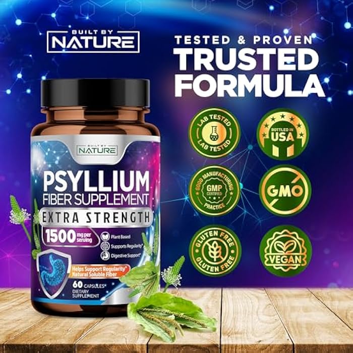 Built By Nature Psyllium Husk Capsules 2000mg - Fiber Supplement - Natural Soluble Fiber Pills with Psyllium Husk Powder - Supports Digestive Gut and Colon Health - Non-GMO, Gluten-Free, Vegan - 60 Capsules - Image 5