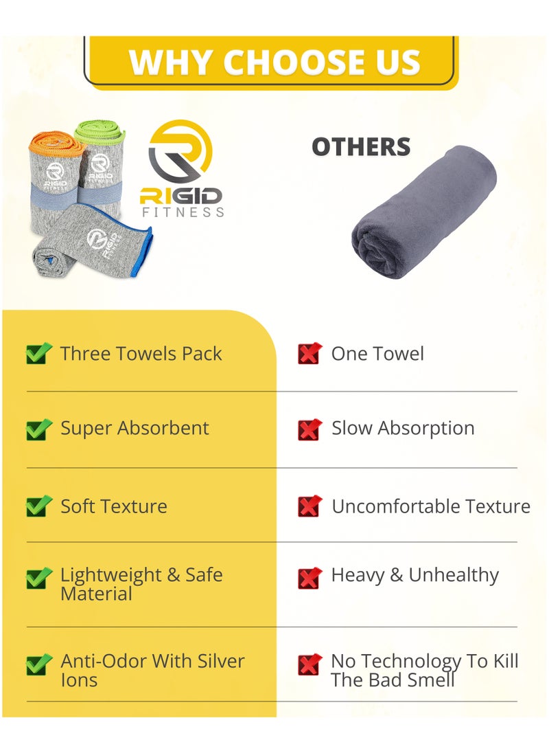 RIGID FITNESS - Microfiber Quick Dry Towels - Silver Ion Technology Towel, Super Absorbent Gym Towel - Ideal Sweat Towel for Fitness, Camping, Travel - Suitable for Men & Women - 77x40cm (Set of 3) - Image 1