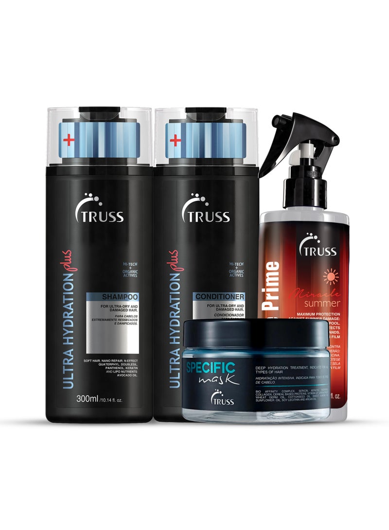 تروس شامبو وبلسم TRUSS Ultra Hydration Plus (300 مل) لكل منهما، مع قناع خاص (180 جم) + بخاخ Deluxe Prime Summer Leave-In Spray مجاني (260 مل) - ترطيب وإصلاح وحماية - Image 1