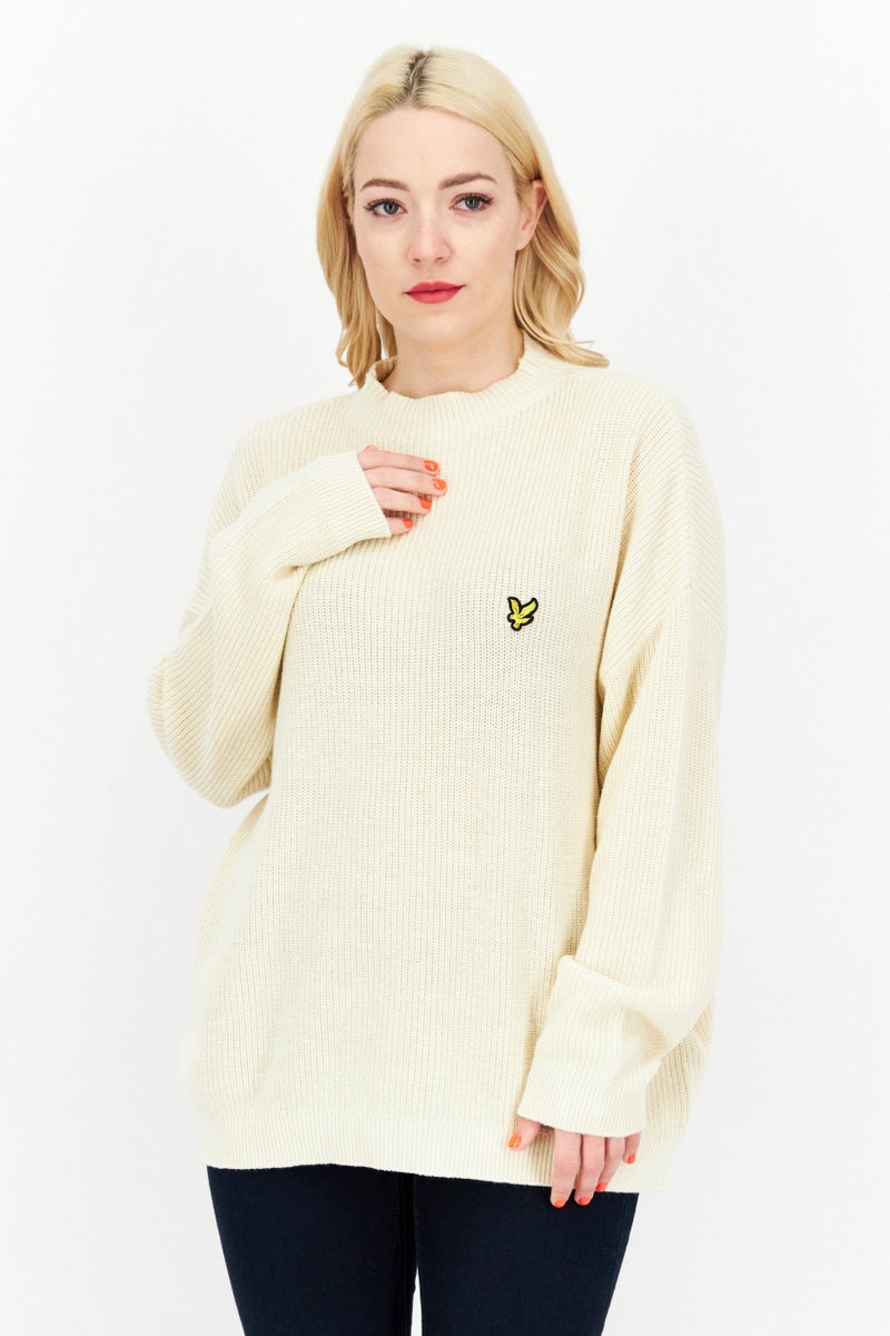 Lyle & Scott Women Mock Neck Crochet Sweaters, Beige - Image 1