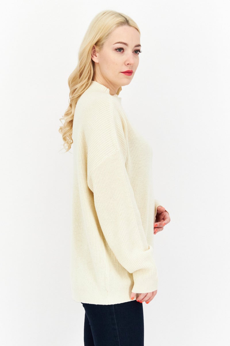 Lyle & Scott Women Mock Neck Crochet Sweaters, Beige - Image 2