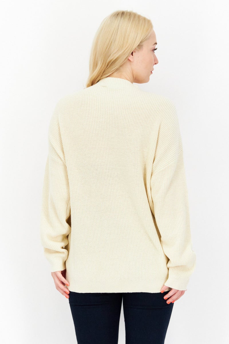 Lyle & Scott Women Mock Neck Crochet Sweaters, Beige - Image 3
