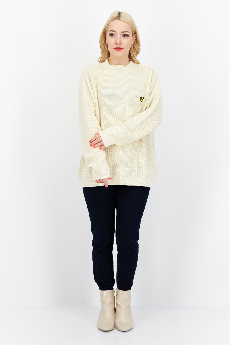Lyle & Scott Women Mock Neck Crochet Sweaters, Beige - Image 4