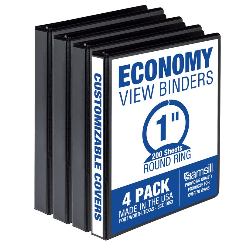 Samsill 1 Inch 3 Ring Binders  Made In Usa  Economy Round Ring  Clear View Cover  200 Sheet Capacity - For School  Home  Office - Black  4 Pack - Image 1
