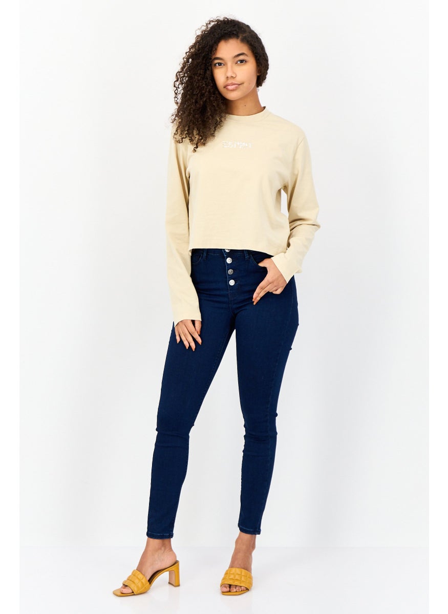 ESPRIT - Women Crew Neck Long Sleeve Brand Logo Top, Beige - Image 1