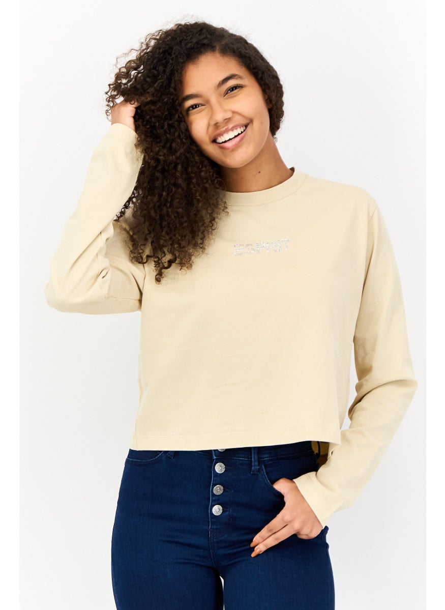 ESPRIT - Women Crew Neck Long Sleeve Brand Logo Top, Beige - Image 1