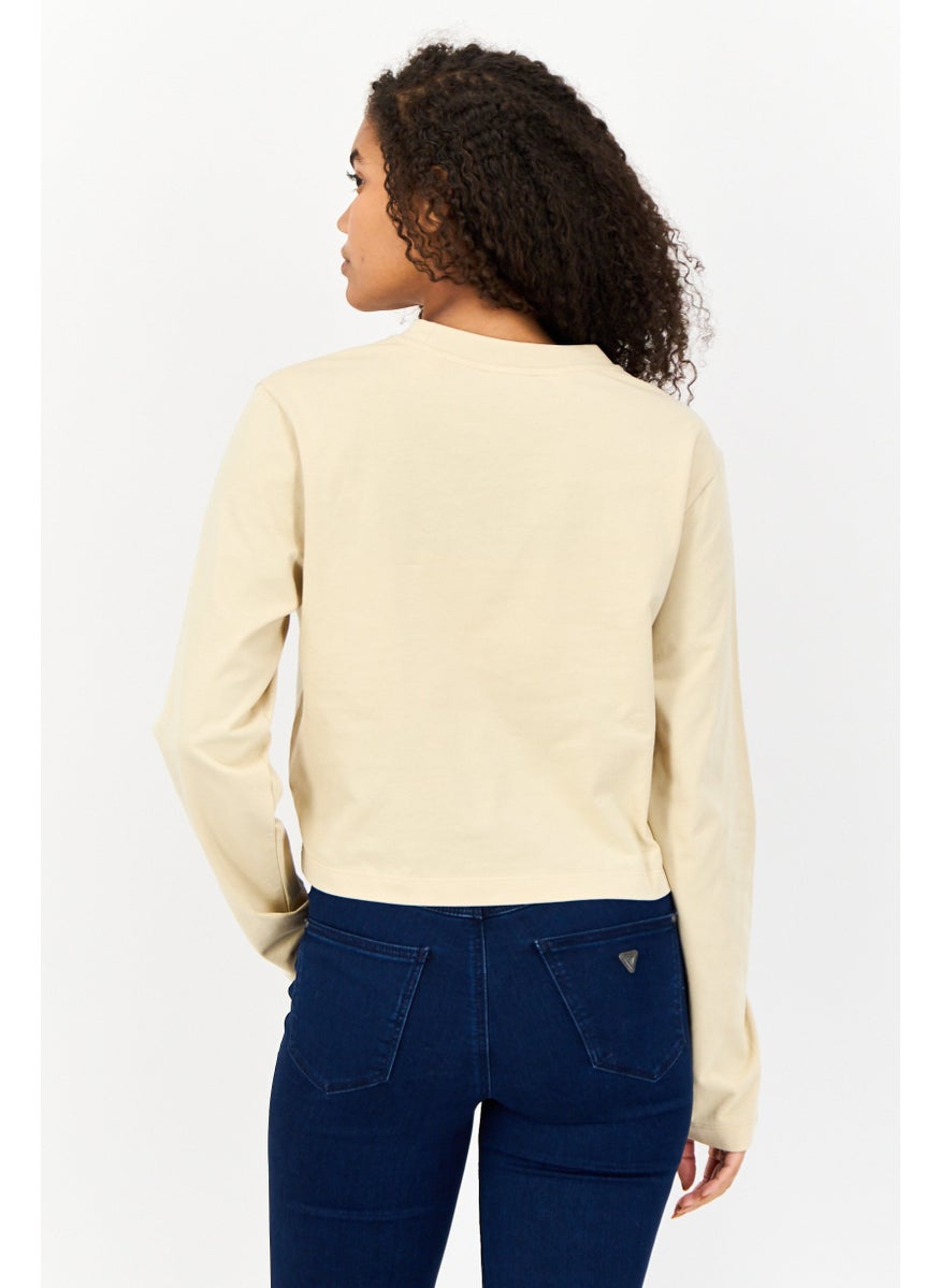 ESPRIT - Women Crew Neck Long Sleeve Brand Logo Top, Beige - Image 1