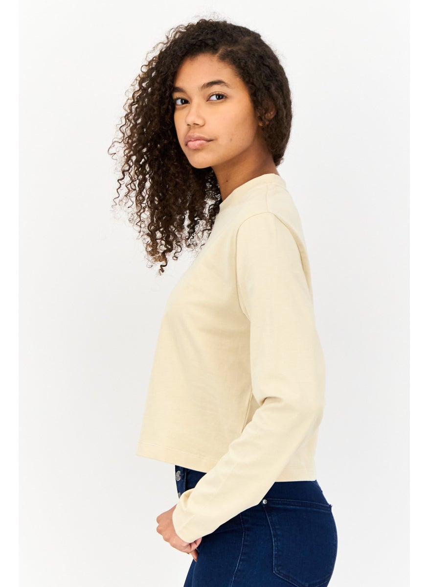 ESPRIT - Women Crew Neck Long Sleeve Brand Logo Top, Beige - Image 1
