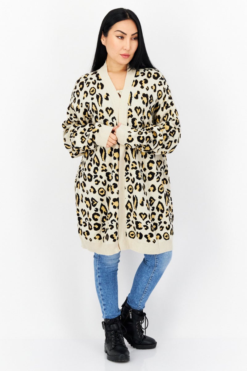 boohoo كارديجان نسائي بأكمام طويلة واسعة بطبعة حيوانات، مزيج بيج/أسود - Image 3