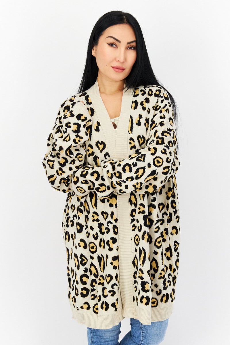 boohoo كارديجان نسائي بأكمام طويلة واسعة بطبعة حيوانات، مزيج بيج/أسود - Image 1