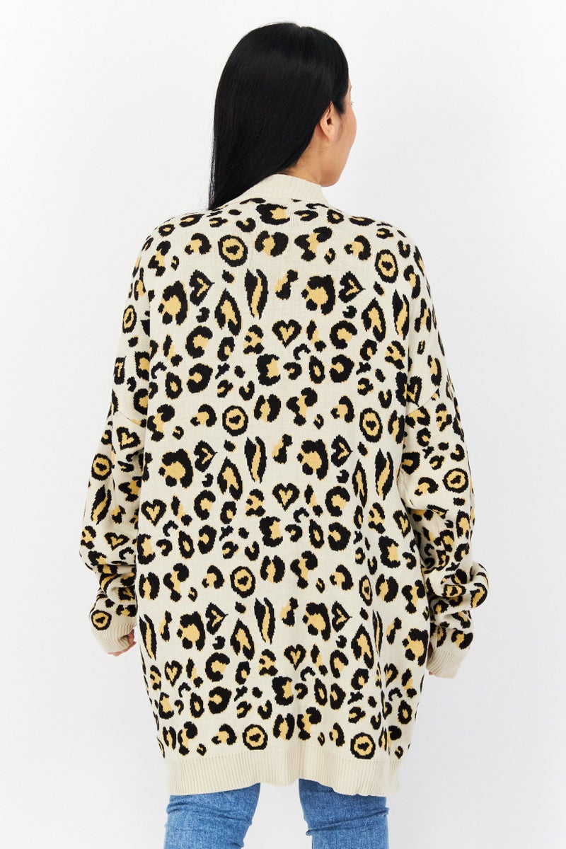 boohoo كارديجان نسائي بأكمام طويلة واسعة بطبعة حيوانات، مزيج بيج/أسود - Image 2