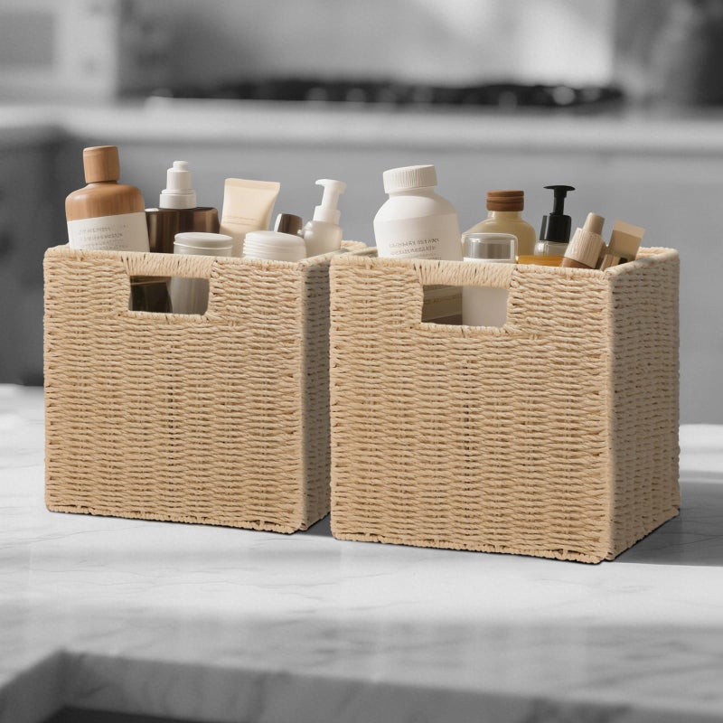 Cazzon Wicker Storage Baskets for Organizing, 3 Pack Rustic Foldable Square Basket for Shelves, Handwoven Cubby Organizer Bins for Home Decor, Small Cube Storage Bin for Closet Organization (Natural 11 inch) - Image 3