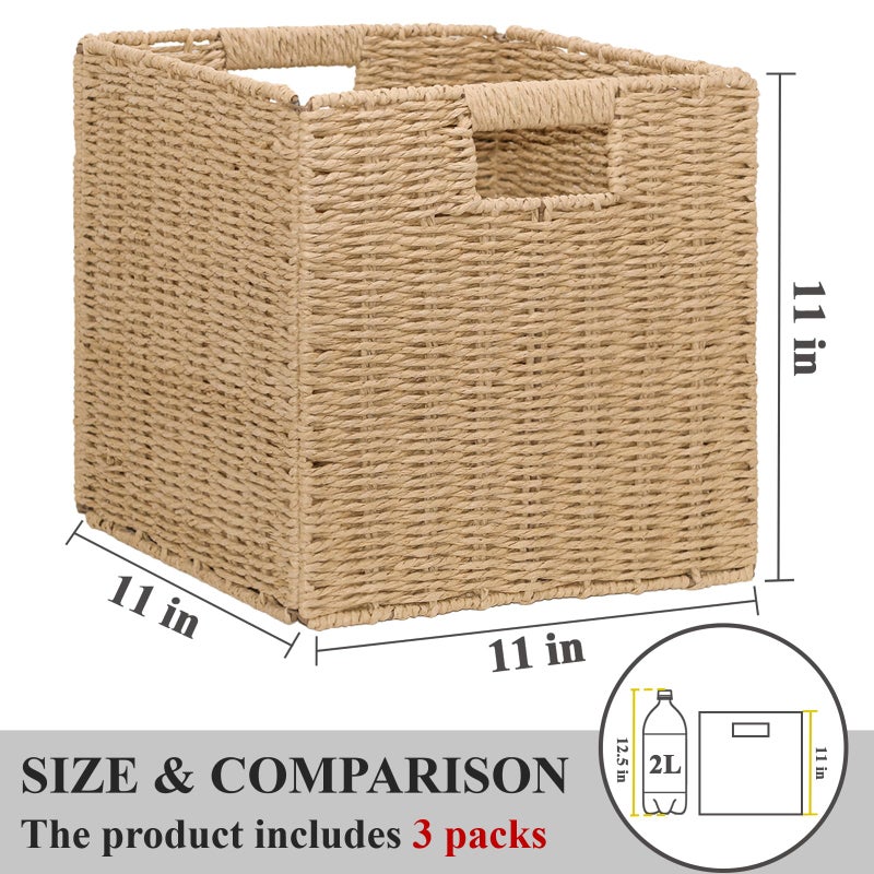 Cazzon Wicker Storage Baskets for Organizing, 3 Pack Rustic Foldable Square Basket for Shelves, Handwoven Cubby Organizer Bins for Home Decor, Small Cube Storage Bin for Closet Organization (Natural 11 inch) - Image 2