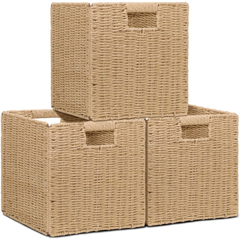 Cazzon Wicker Storage Baskets for Organizing, 3 Pack Rustic Foldable Square Basket for Shelves, Handwoven Cubby Organizer Bins for Home Decor, Small Cube Storage Bin for Closet Organization (Natural 11 inch) - Image 1