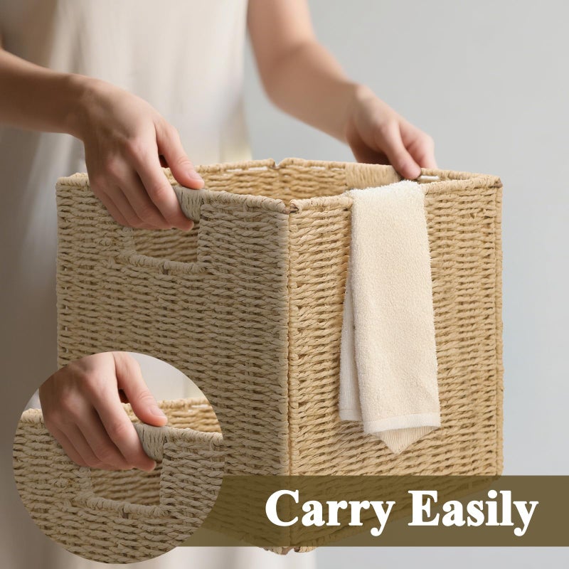 Cazzon Wicker Storage Baskets for Organizing, 3 Pack Rustic Foldable Square Basket for Shelves, Handwoven Cubby Organizer Bins for Home Decor, Small Cube Storage Bin for Closet Organization (Natural 11 inch) - Image 4
