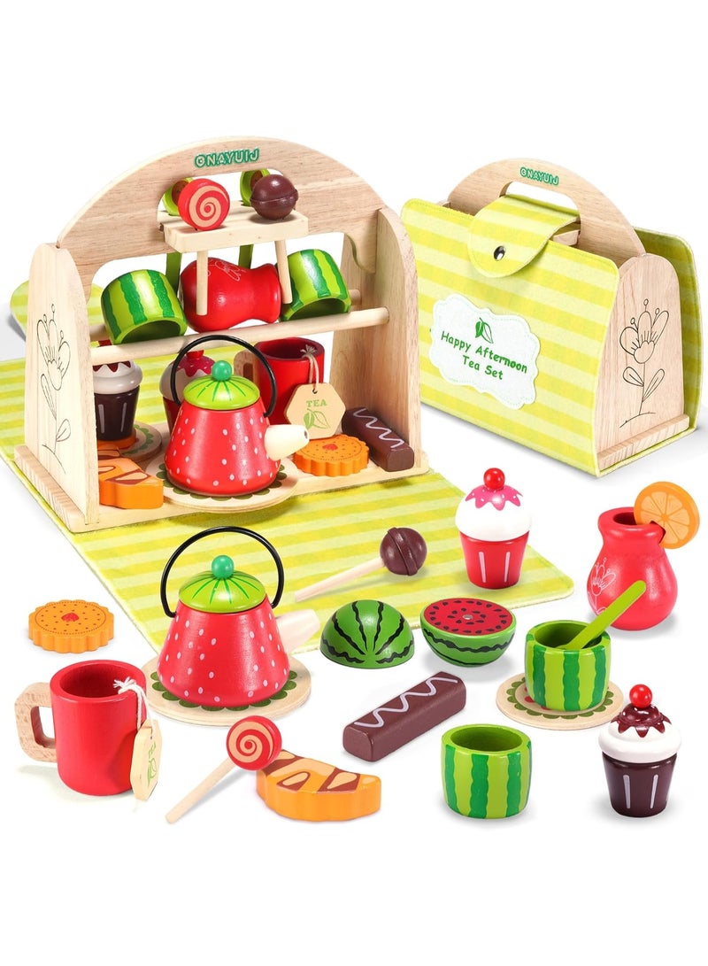 LBMT Wooden Tea Party Pretend Play Set for Little Girls Boys,Toddler Picnic Tea Set Food and Carrying Case Pretend Play Kitchen Toy,Montessori Learning Toys for 3-8 Years Old Kids Birthday Gifts - Image 1