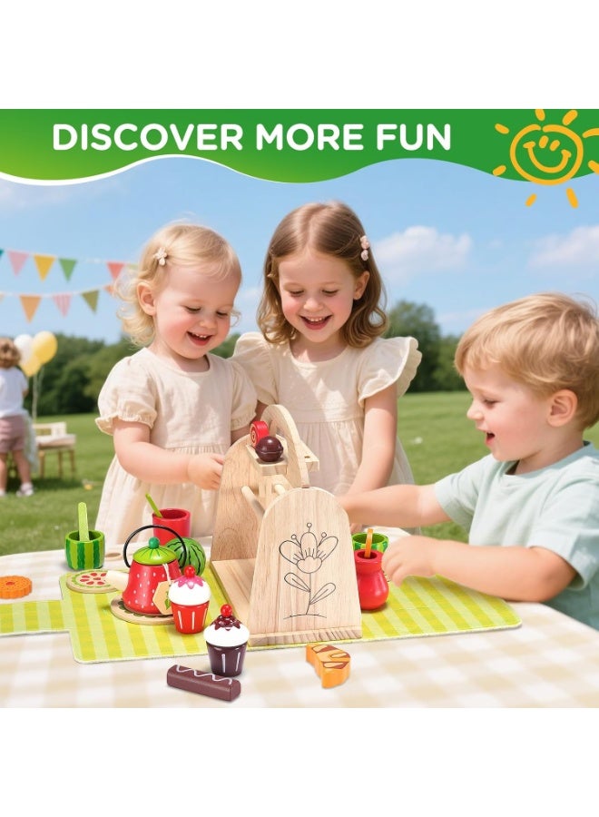 LBMT Wooden Tea Party Pretend Play Set for Little Girls Boys,Toddler Picnic Tea Set Food and Carrying Case Pretend Play Kitchen Toy,Montessori Learning Toys for 3-8 Years Old Kids Birthday Gifts - Image 4