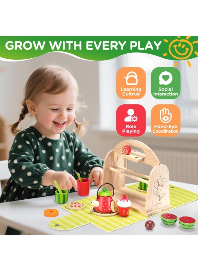 LBMT Wooden Tea Party Pretend Play Set for Little Girls Boys,Toddler Picnic Tea Set Food and Carrying Case Pretend Play Kitchen Toy,Montessori Learning Toys for 3-8 Years Old Kids Birthday Gifts - Image 3