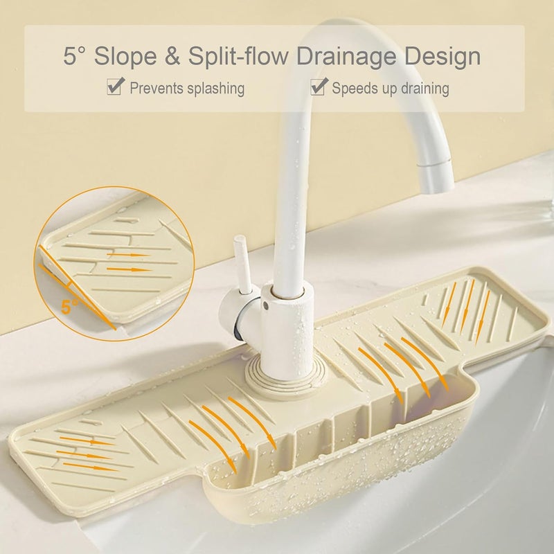 JOYNAVIOR Silicone Faucet Mat with Sponge Holder, Sink Splash Guard, Faucet Draining Mat for Kitchen Bathroom, 5° Slope Split-flow Drainage, Sink Dry and Tidy Organizer, Beige - Image 4
