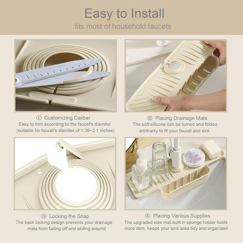 JOYNAVIOR Silicone Faucet Mat with Sponge Holder, Sink Splash Guard, Faucet Draining Mat for Kitchen Bathroom, 5° Slope Split-flow Drainage, Sink Dry and Tidy Organizer, Beige - Image 5