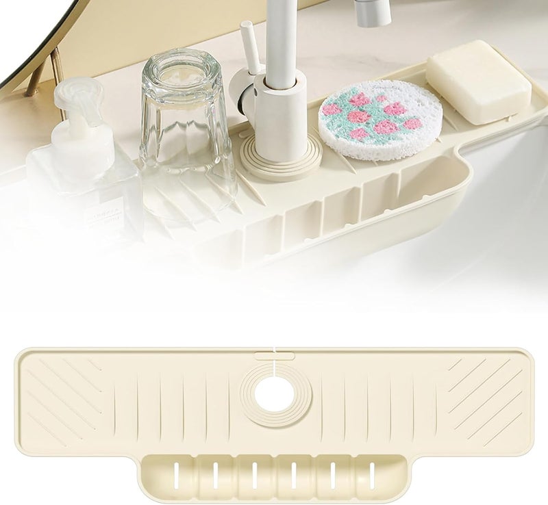 JOYNAVIOR Silicone Faucet Mat with Sponge Holder, Sink Splash Guard, Faucet Draining Mat for Kitchen Bathroom, 5° Slope Split-flow Drainage, Sink Dry and Tidy Organizer, Beige - Image 1