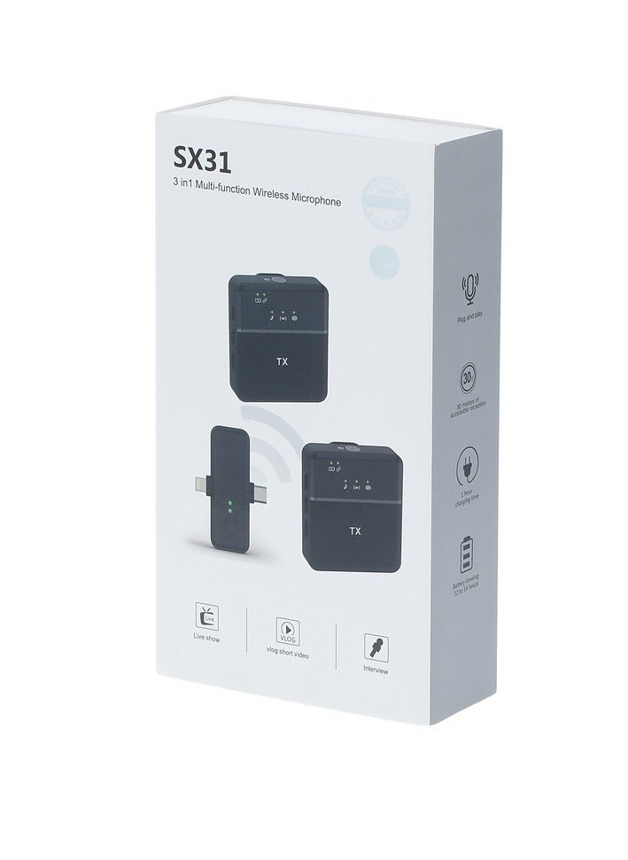 SX31 Wireless Lavalier Microphone iPhone and Type-C Plug Play Wireless Mic with 2 Microphone Noice cancelling for Vlog/Online Teaching/Live/Recording High quality Noise Reduction Effect