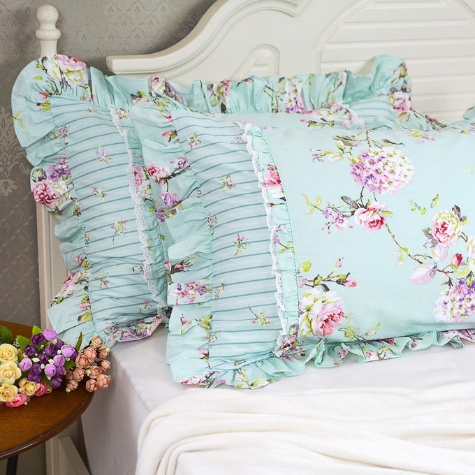 FARMHOUSE STYLE PILLOWCASES ROSE AND HYDRANGEA BLUEGREEN STRIPE ELEGANT COUNTRY STYLE 100 COTTON VINTAGE LACE RUFFLES BEDDING PILLOW COVERS EXQUISITE CRAFT STANDARED SIZE 19 X 29