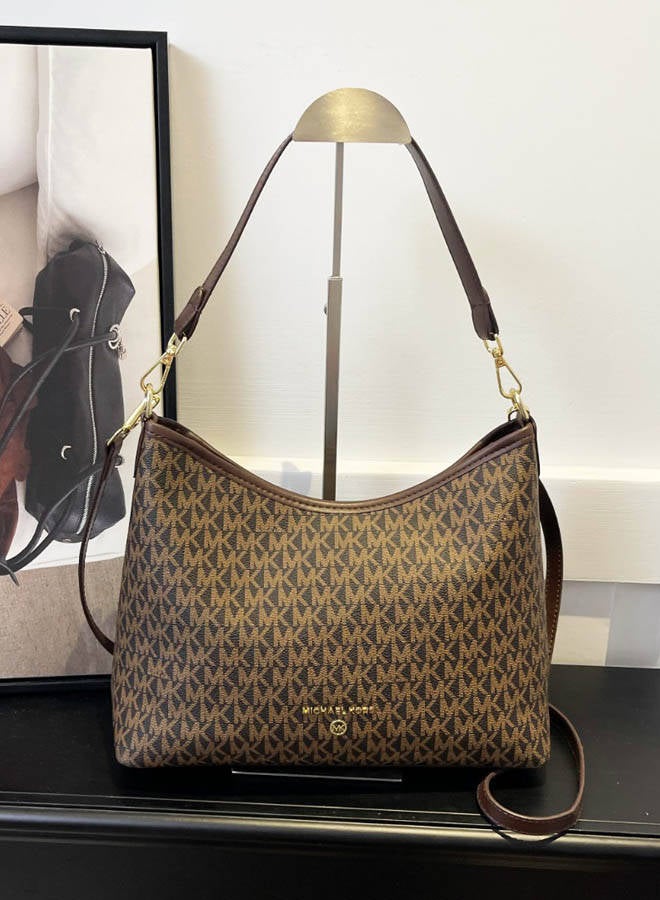 ام كي حقيبة نسائية كلاسيكية بنية بطباعة، حقيبة كتف، حقيبة يد، حقيبة توت - Image 1