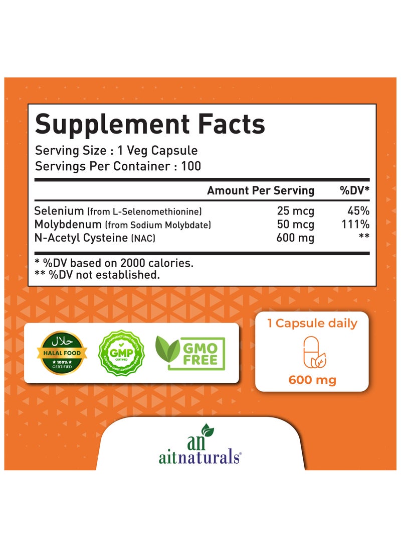 ايه آي تي ناتشورالز NAC (N-أسيتيل سيستين) 600 ملغ مع السيلينيوم والموليبدينوم، 100 كبسولة نباتية - Image 2