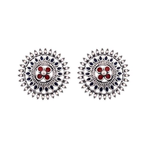 Voylla Ethnic Silver Oxidised Plating Brass Mandala Design Floral Stud with Red Stone Enamelled Oxidized Round shaped Stud Earrings for Women and Girls - Image 1