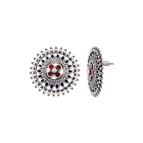 Voylla Ethnic Silver Oxidised Plating Brass Mandala Design Floral Stud with Red Stone Enamelled Oxidized Round shaped Stud Earrings for Women and Girls - Image 4