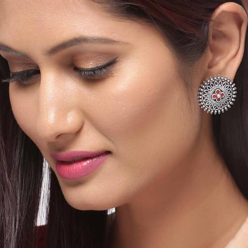 Voylla Ethnic Silver Oxidised Plating Brass Mandala Design Floral Stud with Red Stone Enamelled Oxidized Round shaped Stud Earrings for Women and Girls - Image 3